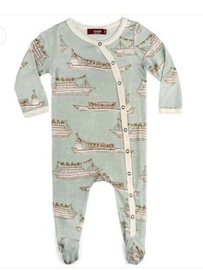 Milkbarn Blue Ships Bamboo Snaps Footed Romper Size 3-6 Months